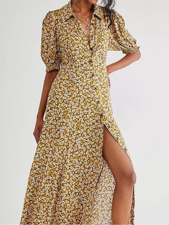 Free People Dresses & Skirts - Free People Debbie-Jean Shirtdress Floral Maxi Dress Mustard Yellow Pockets M
